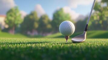 A golf ball sits on a tee next to a club, ready for a swing, with a lush green backdrop. The essence of a serene game of golf. photo
