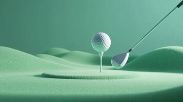 Minimalist scene depicting a golf ball on a tee next to a club, set against a backdrop of green grassy hills in a monochromatic color scheme. photo