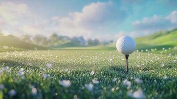 A golf ball sits on a tee in a lush green field, under a partly cloudy sky, with a light flare on the left side of the frame. photo