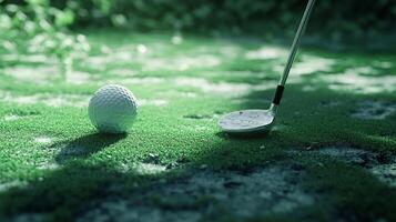 Golf ball and club on a lush green course, ready for a swing. Sunny day, enhancing the beauty of the sport. photo