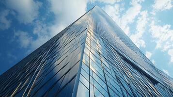 Skyscraper reaches for the sky with glass facade reflecting clouds, symbolizing modern architecture and urban growth. photo