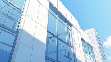Modern architecture with a pristine facade featuring reflective glass windows against a bright sky symbolizing clean modern style photo