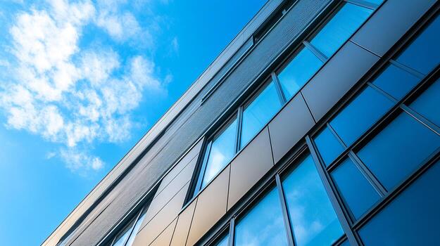 Modern architecture reflects the sky. The building's metallic panels and glass windows create a dynamic interplay of light and color. photo