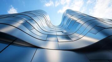 Abstract architecture featuring a futuristic metal structure with curved lines and a sky view, creating a sense of modern design and innovation. photo