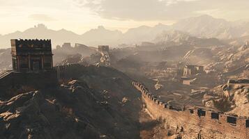 Vast panorama showcasing sections of an ancient wall winding across mountainous terrain beneath a hazy sky. Fortified structures stand guard. photo