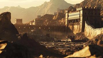 A grand, weathered fortress stands defiant against a backdrop of rugged mountains, bathed in the warm glow of sunlight, hinting at untold stories. photo