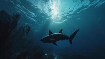 A shark swims serenely underwater, sunlight filtering through the waves in a mesmerizing scene. The ocean's depths hold mystery and wonder. photo