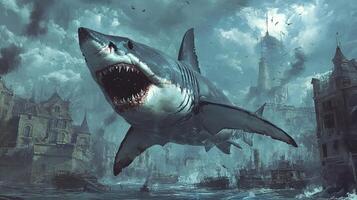 A colossal shark dominates the skyline of a storm-ravaged coastal city, its menacing presence overshadowing dilapidated architecture. photo