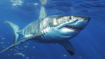 Magnificent marine predator glides through the depths, teeth glistening, embodying power and grace in its ocean domain, an apex of nature. photo
