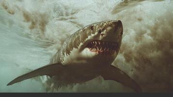 Great white shark swims powerfully through turbulent ocean waters, a fearsome predator captured in its natural aquatic habitat. photo