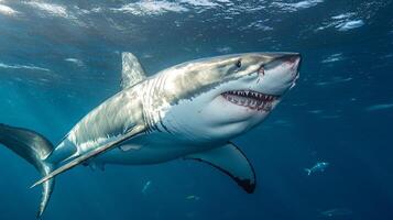 Great white shark swimming in the ocean with visible teeth. A top predator in its natural habitat, with a large body and powerful tail. photo
