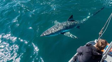 Great White Shark glides beneath the surface, observed from a boat, shimmering in the sunlight's reflection. Majestic marine life in view. photo