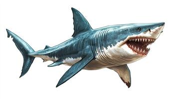 Detailed illustration of a large shark with a menacing set of teeth. The shark's powerful physique is visible in the artwork. photo