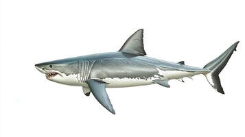 Illustration of a large shark, showcasing its sleek form, sharp teeth, and powerful tail fin against a clean, white backdrop. photo