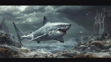 Majestic shark leaps over stormy seas near ruins, a breathtaking display of power and nature's fury under dramatic skies. photo