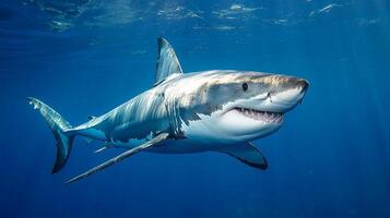 Great white shark gliding through the deep blue sea. Powerful predator with its distinctive coloration and formidable teeth. photo