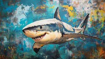Painting of a great white shark, showcasing its size and power in the ocean depths, emphasizing artistic expression and marine life portrayal. photo