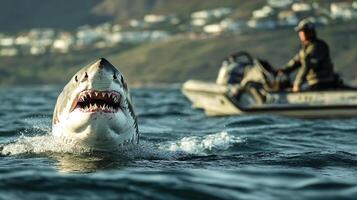 Great white shark emerges from the ocean, teeth bared, with a boat and coastal homes in the background. A thrilling wildlife encounter. photo