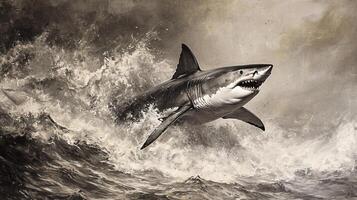Monochromatic capture of a shark leaping out of stormy waters, embodying the raw power and untamed essence of marine wildlife. photo