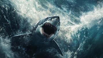 Fearsome predator surfaces with open jaws, teeth bared. Thrilling shot of a great white shark in the ocean, surrounded by crashing waves. photo