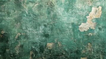 Textured green wall with peeling paint, creating a distressed aesthetic. Unique backdrop for artistic projects, and creative designs. photo