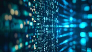 Abstract visualization of binary code with illuminated blue numbers, representing data flow, digital information, and network communication. photo