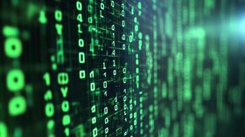 Futuristic data streams visualized as glowing green binary code. A digital landscape of information flows across a dark background. photo