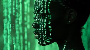 A profile shot shows a woman's face illuminated with green binary code, conveying a sense of futuristic technology and digital identity. photo