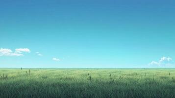 A serene landscape featuring a lush green field extending to the horizon under a clear, bright sky with scattered clouds. photo