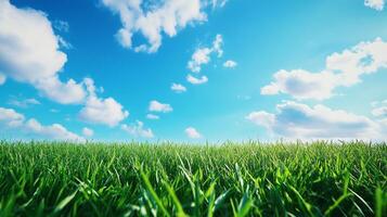 Vibrant green grass meets a clear blue sky with fluffy white clouds, creating a refreshing and serene natural scene. photo