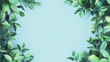 Leafy green plants are shown growing in the corners of the frame, with a blue background. Space in the middle for a creative backdrop. photo