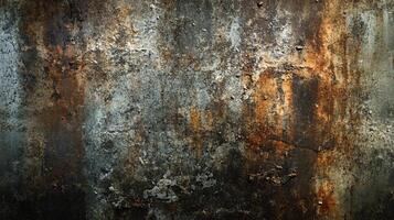 Heavily weathered wall with textured rust, grime, and decay providing a dramatic backdrop. Abstract patterns and corroded surfaces. photo