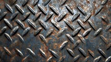 Gritty, industrial metal surface with a diamond plate pattern showing signs of wear and corrosion, creating a rugged texture. photo