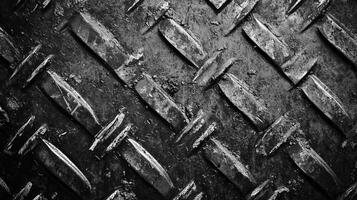 Gritty metal surface with a repeating raised diamond pattern. The texture is dark, weathered, and industrial, suggesting durability. photo