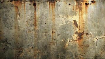 Distressed concrete with rust stains and peeling paint offers a textured background of decay. A weathered, abstract visual. photo