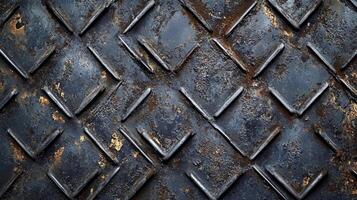 A textured and rusted metal surface with a repeated diamond pattern, showing signs of wear and age, creating a gritty industrial backdrop. photo