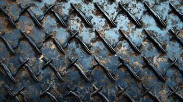 Close-up of textured metal surface with raised cross and line patterns, showcasing weathering and signs of age. Perfect for industrial designs. photo