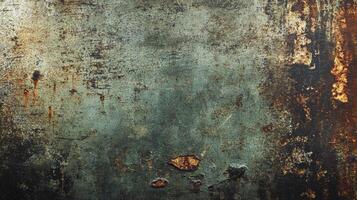 A weathered metal surface displays a mix of teal, brown, and black, showcasing signs of age and decay, with rust formations. photo