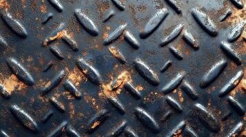 Closeup of rusted metal surface with a diamond pattern, showcasing texture and corrosion. Ideal for backgrounds. photo