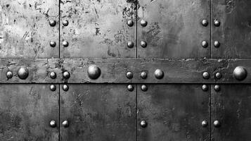 Close-up of a riveted metal surface, showing signs of wear and corrosion, creating a textured and industrial aesthetic. photo