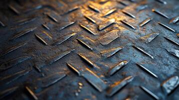 Textured metal surface with a distinctive pattern. The surface catches the light, creating highlights and shadows that enhance the texture. photo