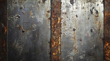 A close-up shot reveals weathered metal, adorned with rust and peeling paint, creating a textured, industrial aesthetic and visual decay. photo