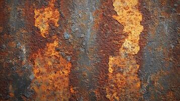 Abstract rust and decay on metal background featuring rough texture and shades of orange, grey, and brown corrosion. photo