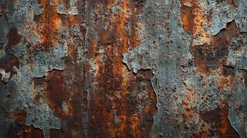 Weathered surface with peeling paint and rust, revealing textures and colors. Grungy, abstract, and evocative of decay and age. photo