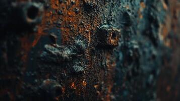 Close-up of heavily textured and corroded metal. An interplay of erosion and resilience, colors and decay. A visual narrative of time's passage. photo