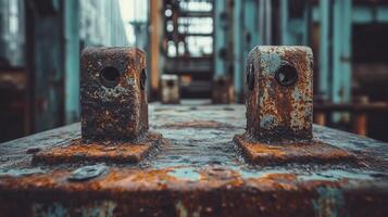 Rusty metal supports stand prominently, weathered by time and elements, against a blurred industrial backdrop, revealing decay and resilience. photo