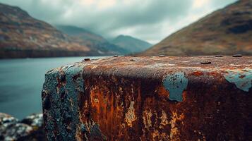 A rusty, weathered metal structure stands out against the serene backdrop of mountains and a misty lake, creating a striking contrast. photo