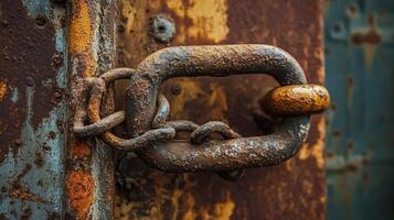 Weathered metal lock and chain display heavy rust and decay, showcasing the effects of time and neglect on industrial hardware. photo