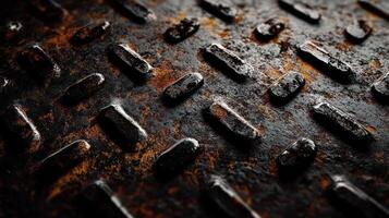High-angle close-up of a weathered metal surface, patterned with raised rectangular shapes and textured with rust and shadow. photo