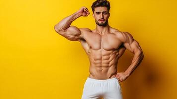 Muscular man flexing against a bright yellow backdrop. He shows off toned physique and arm muscles, a symbol of dedication and strength. photo
